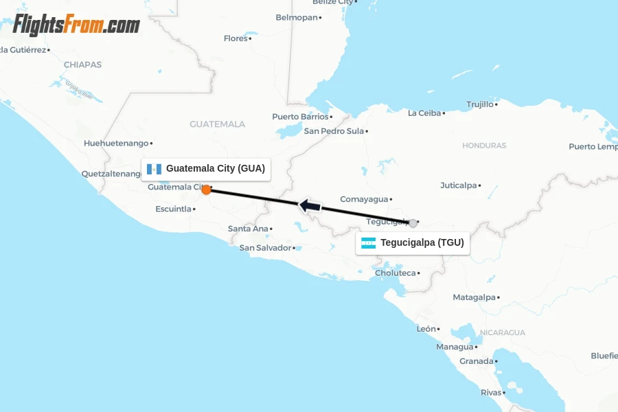 Flights from Tegucigalpa to Guatemala City route map