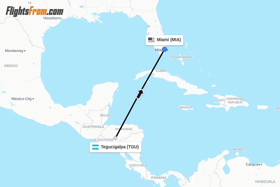 Flights from Tegucigalpa to Miami route map