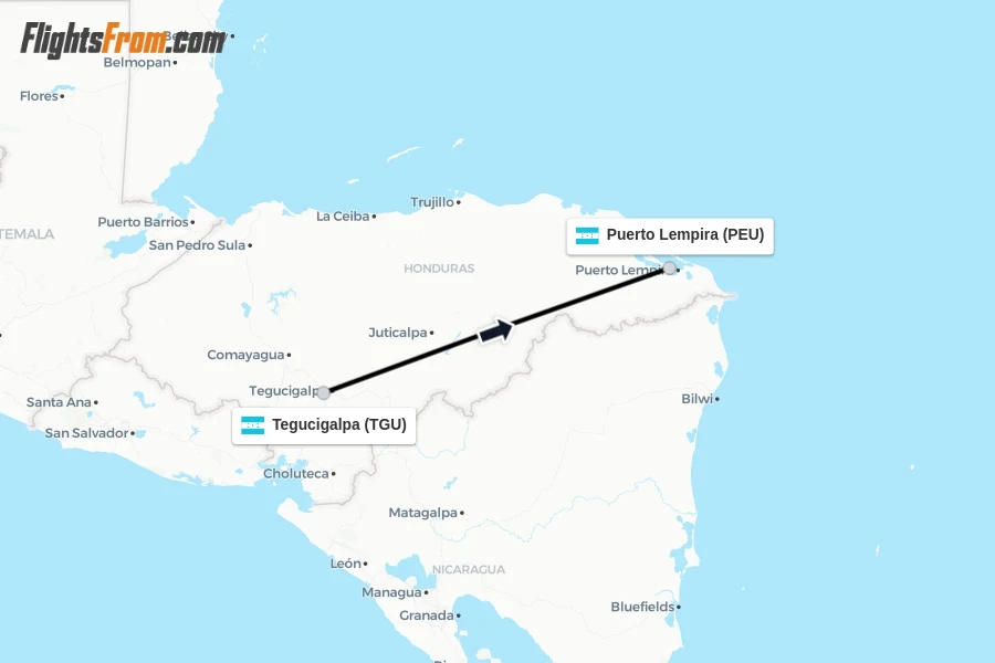 Flights from Tegucigalpa to Puerto Lempira route map