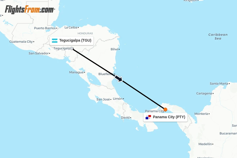 Flights from Tegucigalpa to Panama City route map