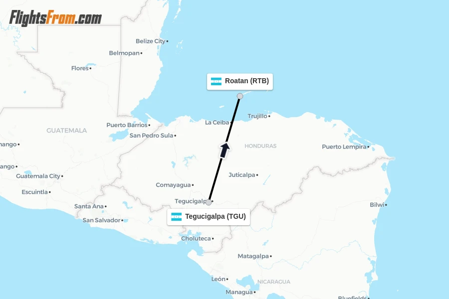 Flights from Tegucigalpa to Roatan route map