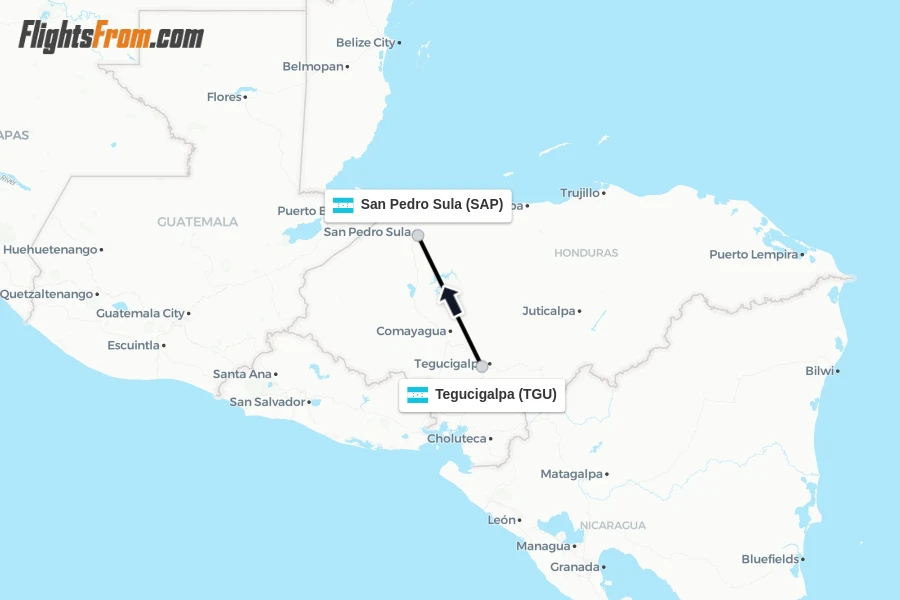 Flights from Tegucigalpa to San Pedro Sula route map