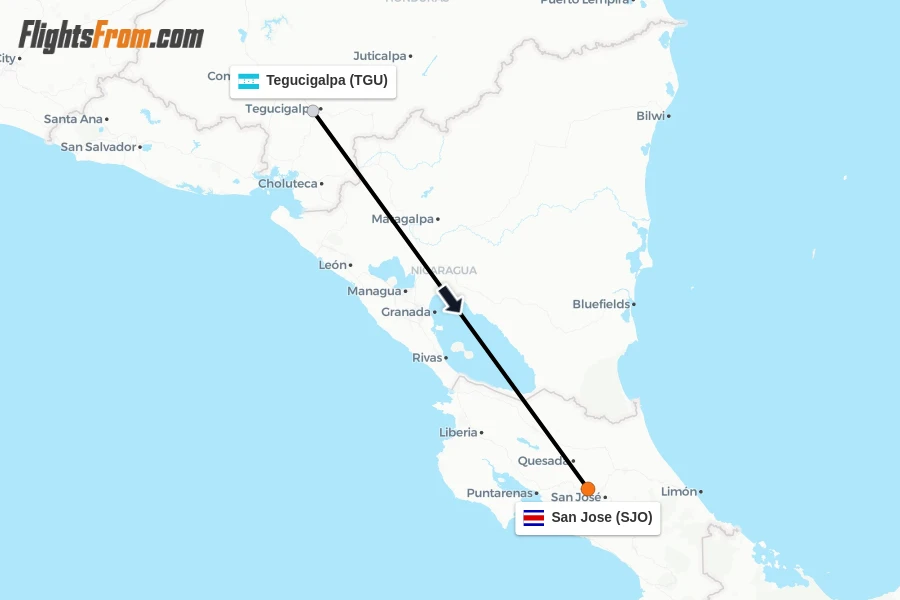 Flights from Tegucigalpa to San Jose route map
