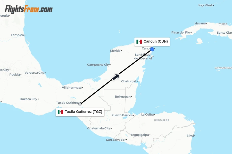 Flights from Tuxtla Gutierrez to Cancun route map