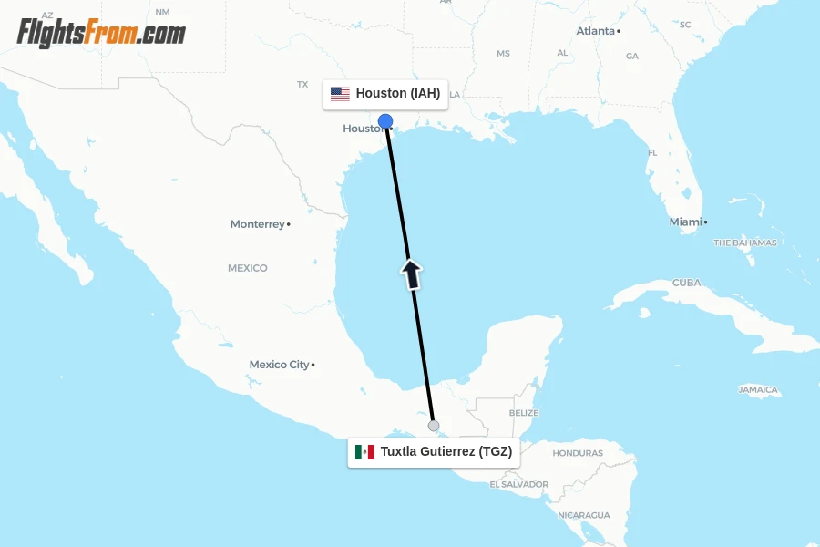 Flights from Tuxtla Gutierrez to Houston route map