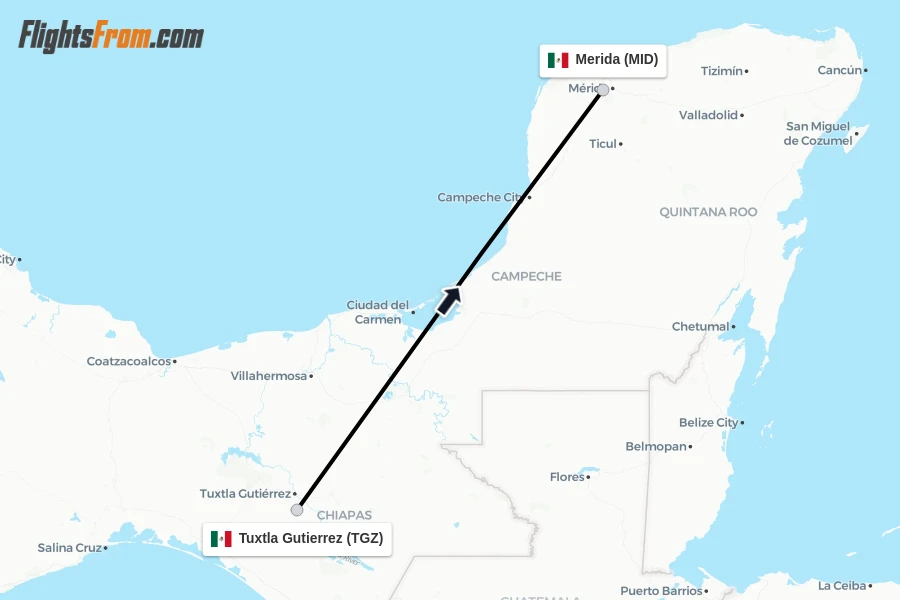 Flights from Tuxtla Gutierrez to Merida route map