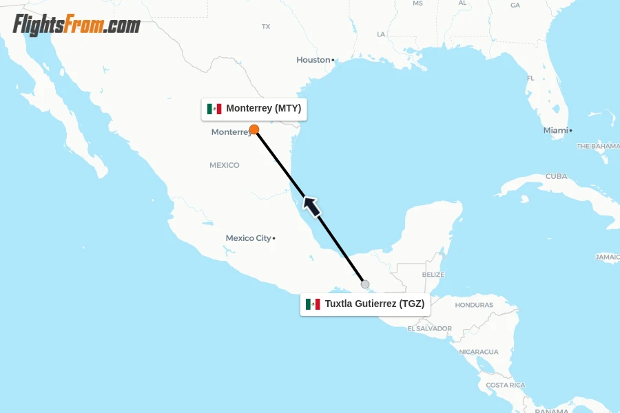 Flights from Tuxtla Gutierrez to Monterrey route map