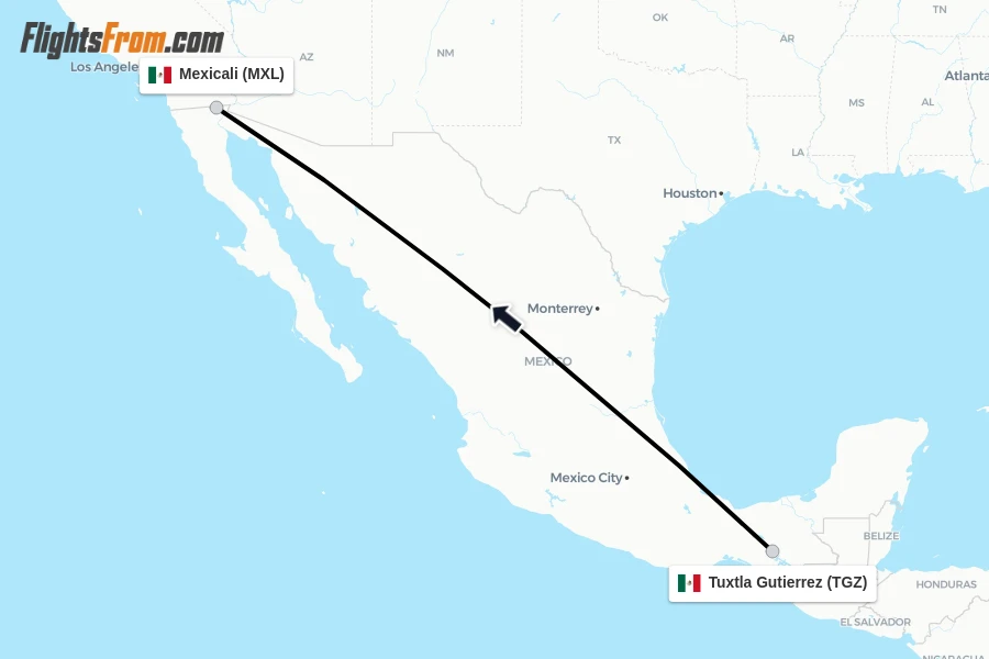 Flights from Tuxtla Gutierrez to Mexicali route map