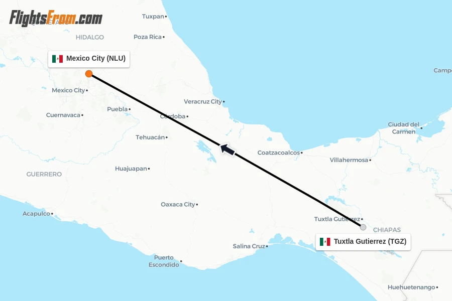 Flights from Tuxtla Gutierrez to Mexico City route map