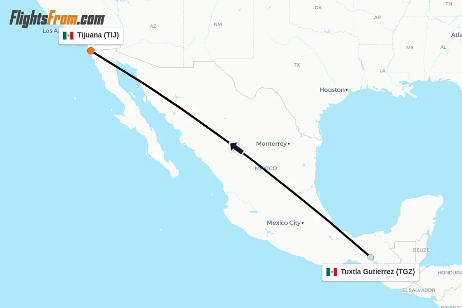 Flights from Tuxtla Gutierrez to Tijuana route map