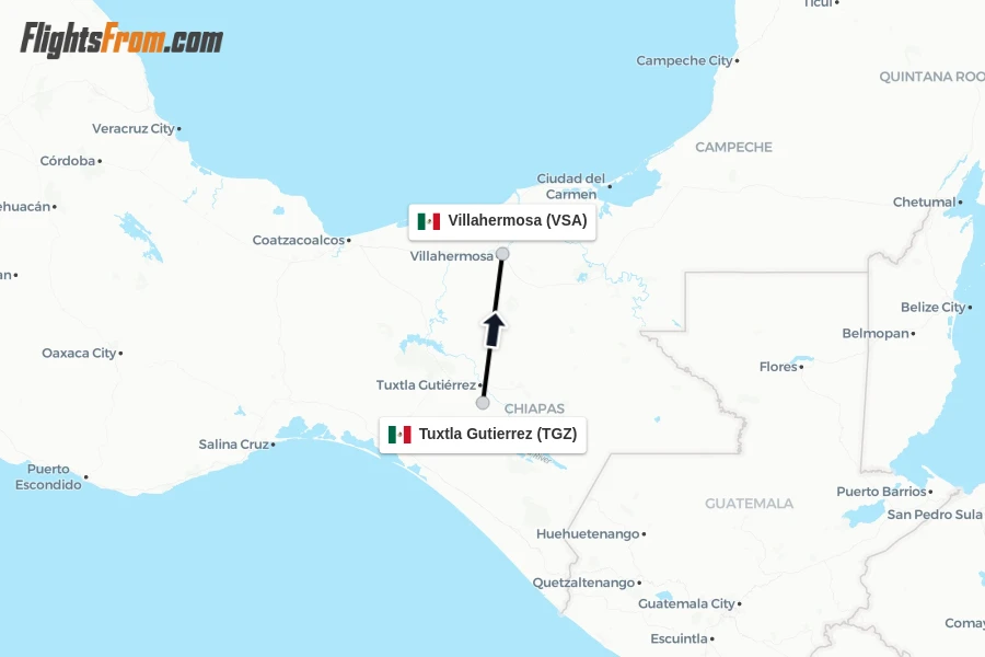 Flights from Tuxtla Gutierrez to Villahermosa route map