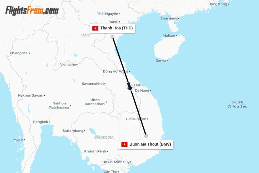 Flights from Thanh Hoa to Buon Ma Thout route map