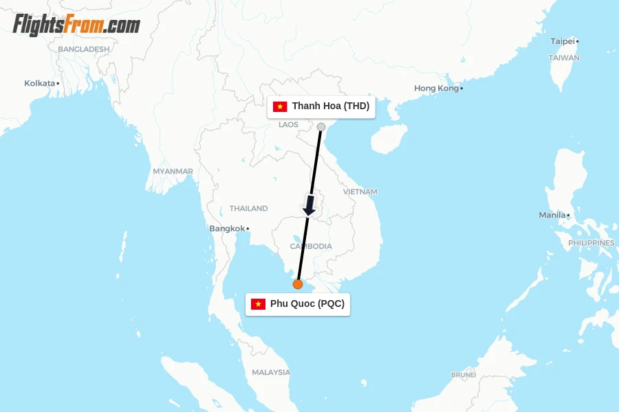 Flights from Thanh Hoa to Phu Quoc route map