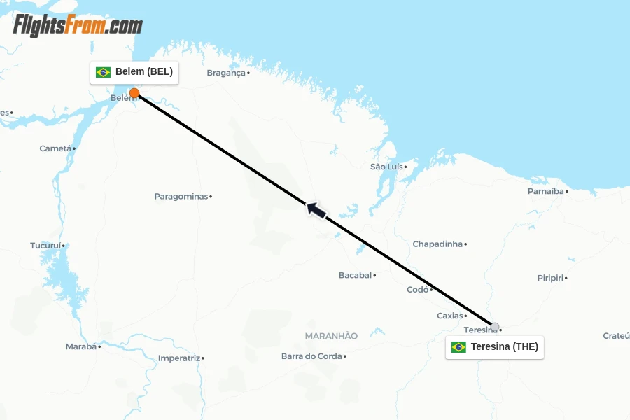 Flights from Teresina to Belem route map