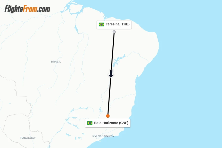 Flights from Teresina to Belo Horizonte route map