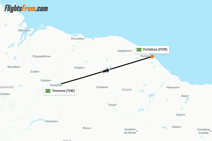 Flights from Teresina to Fortaleza route map
