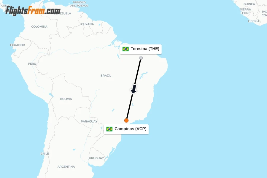 Flights from Teresina to Campinas route map
