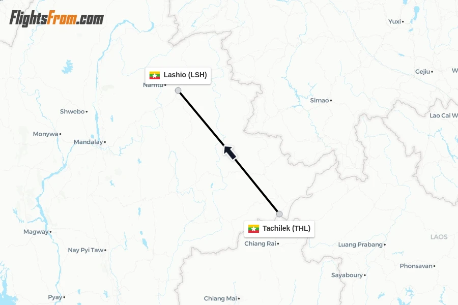 Flights from Tachilek to Lashio route map