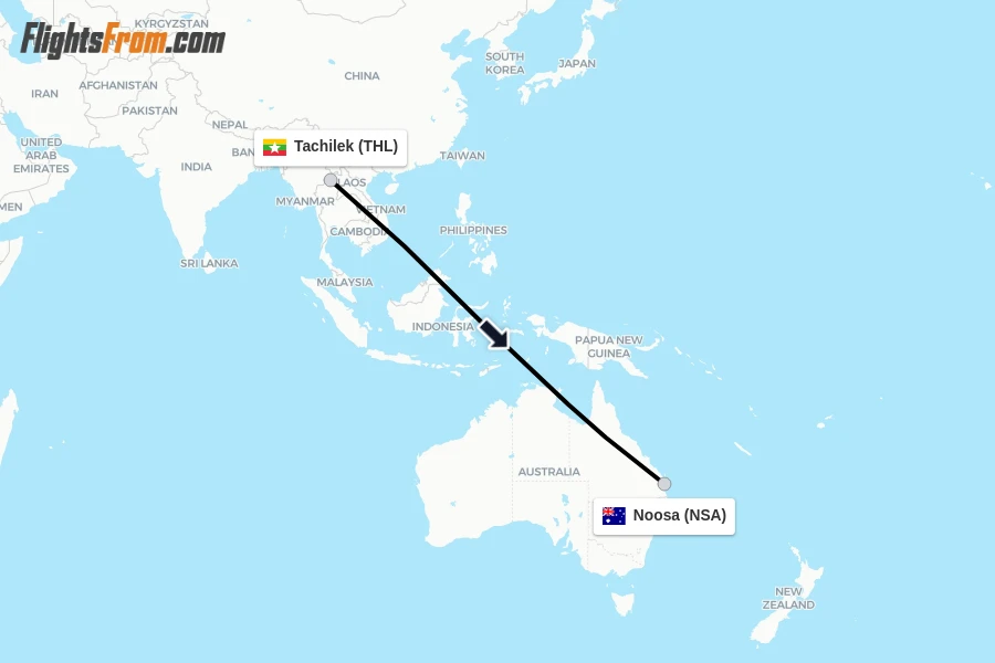 Flights from Tachilek to Noosa route map