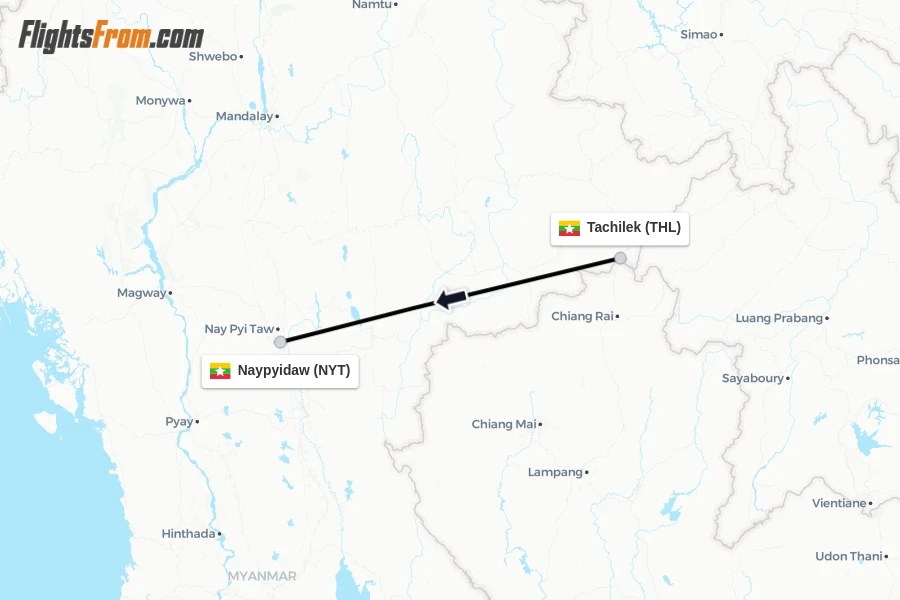 Flights from Tachilek to Naypyidaw route map