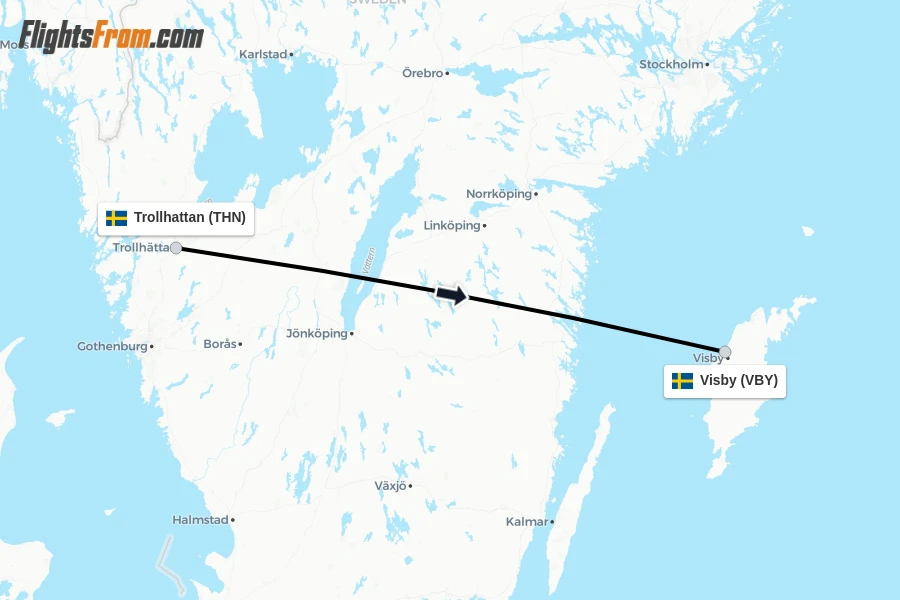 Flights from Trollhattan to Visby route map