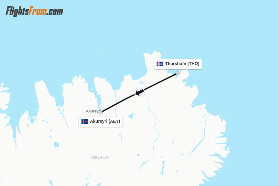 Flights from Thorshofn to Akureyri route map