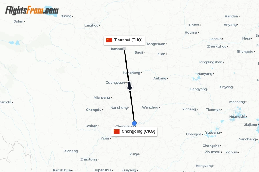 Flights from Tianshui to Chongqing route map