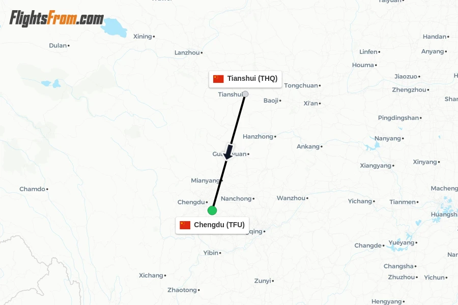 Flights from Tianshui to Chengdu route map