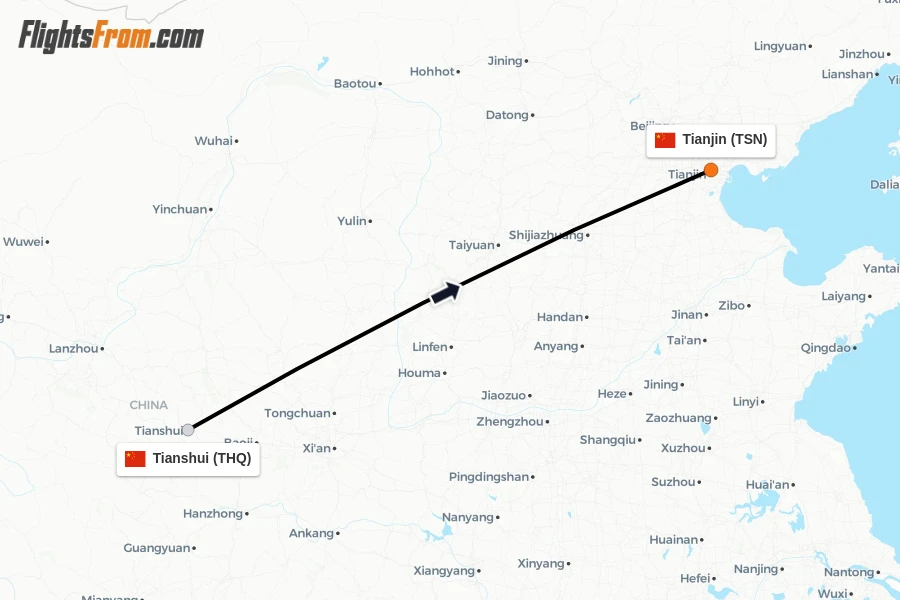 Flights from Tianshui to Tianjin route map