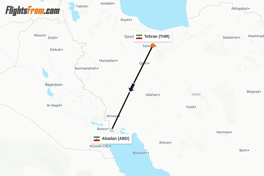 Flights from Tehran to Abadan route map