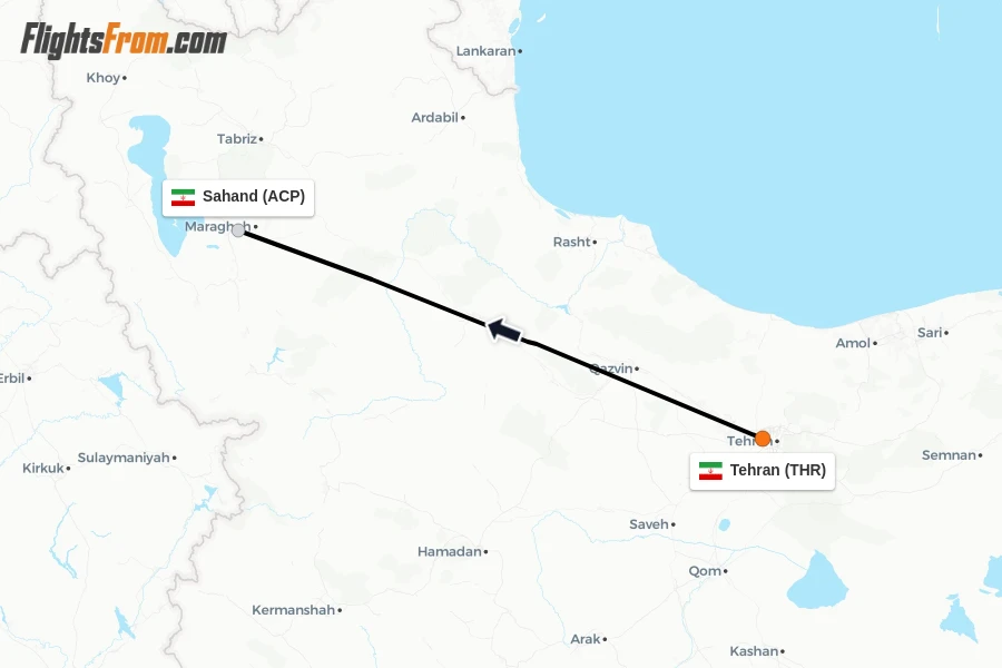Flights from Tehran to Sahand route map