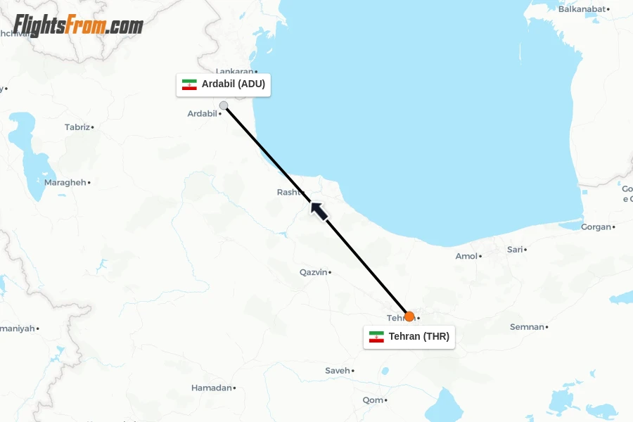 Flights from Tehran to Ardabil route map