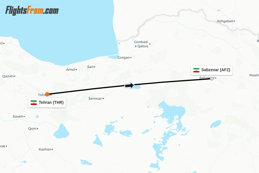 Flights from Tehran to Sabzevar route map