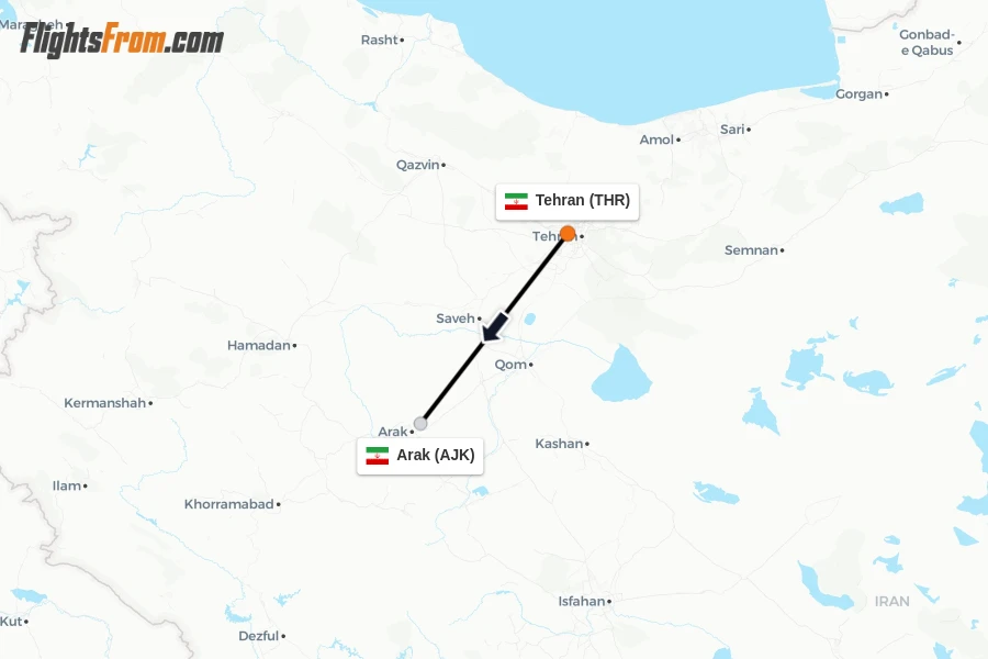 Flights from Tehran to Arak route map
