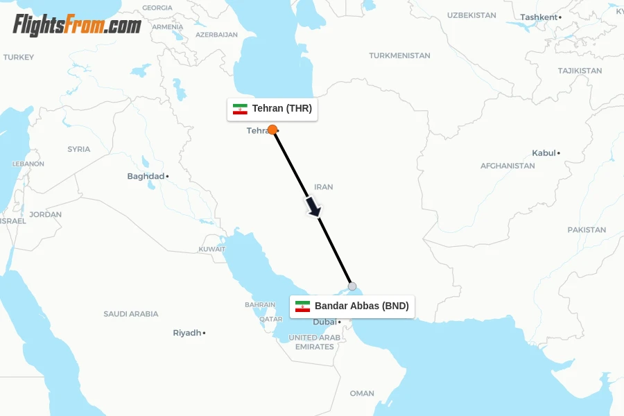 Flights from Tehran to Bandar Abbas route map