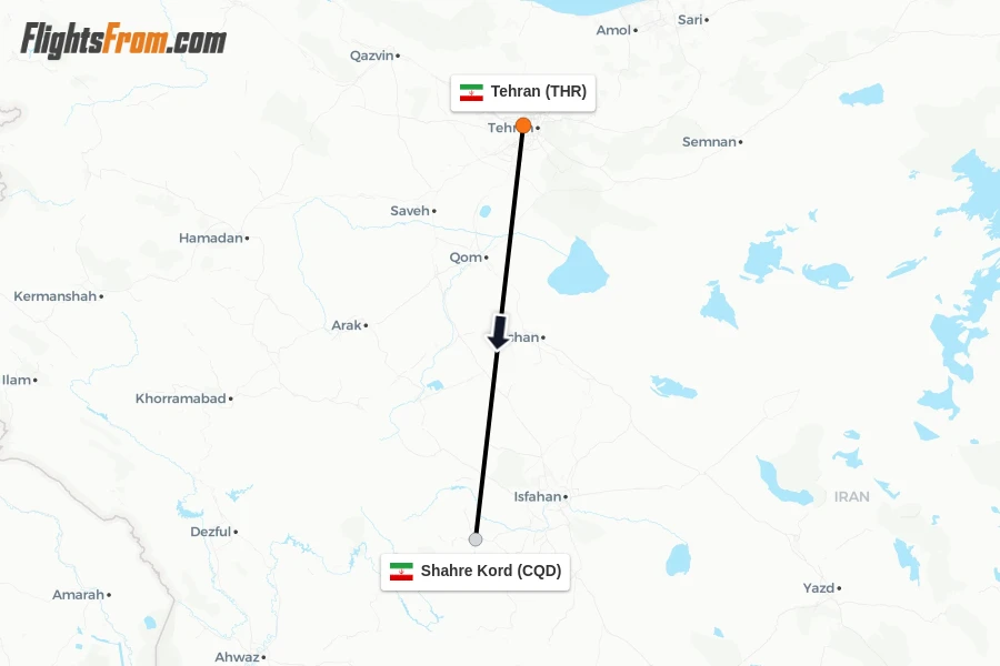 Flights from Tehran to Shahre Kord route map