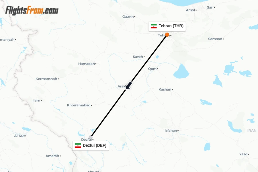 Flights from Tehran to Dezful route map