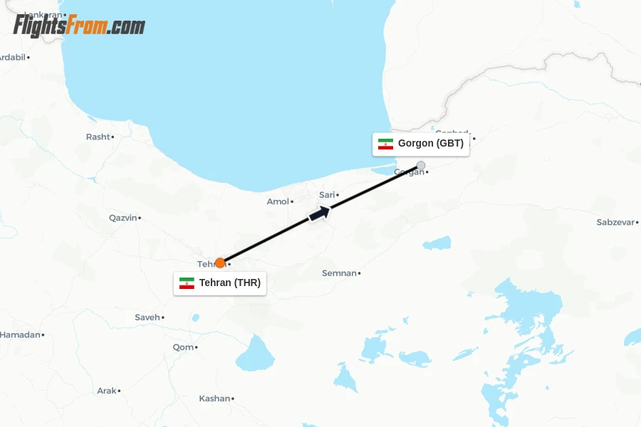 Flights from Tehran to Gorgon route map