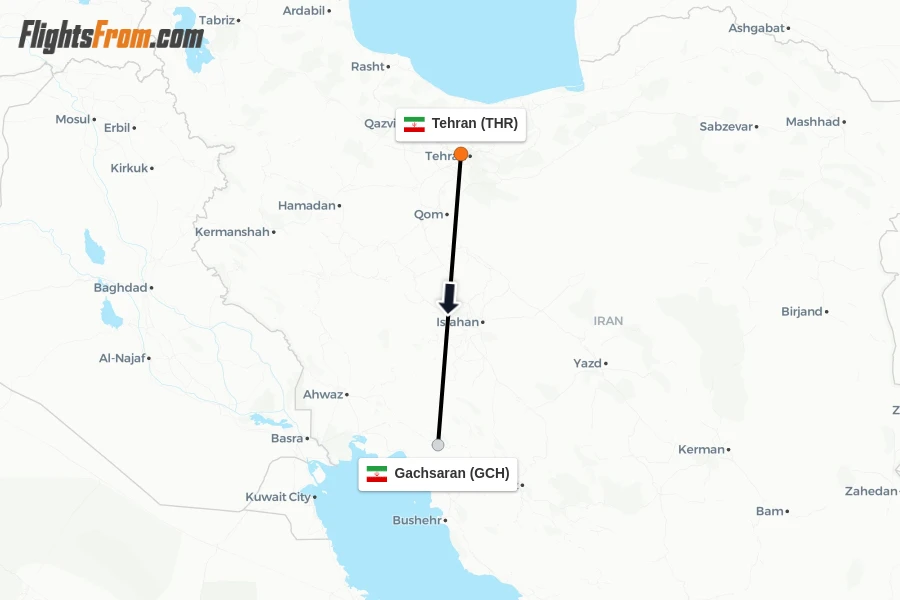 Flights from Tehran to Gachsaran route map