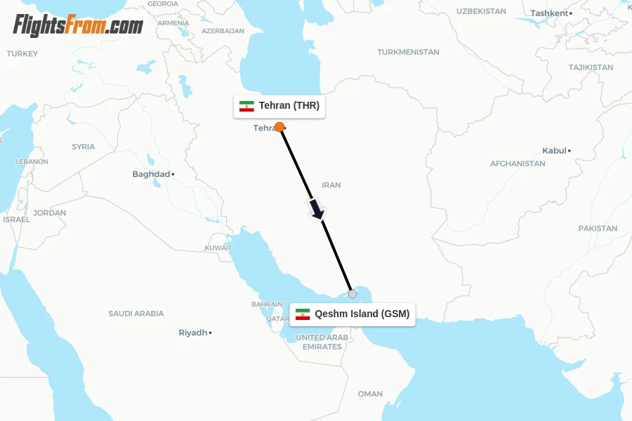 Flights from Tehran to Qeshm Island route map
