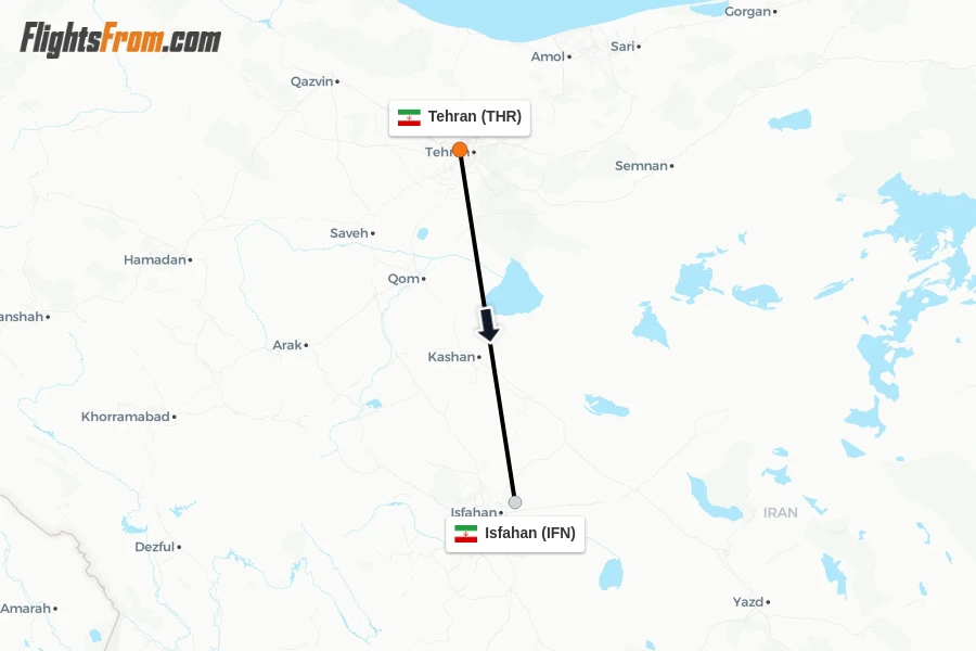 Flights from Tehran to Isfahan route map