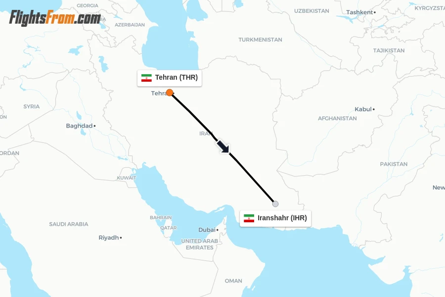Flights from Tehran to Iranshahr route map