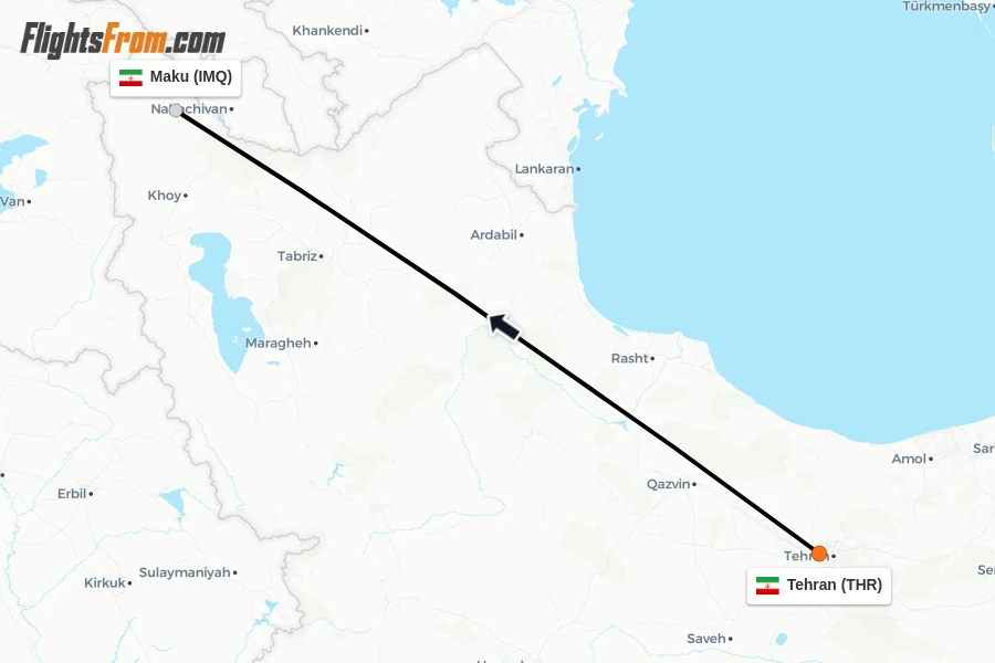 Flights from Tehran to Maku route map
