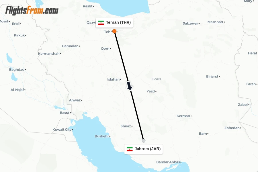 Flights from Tehran to Jahrom route map
