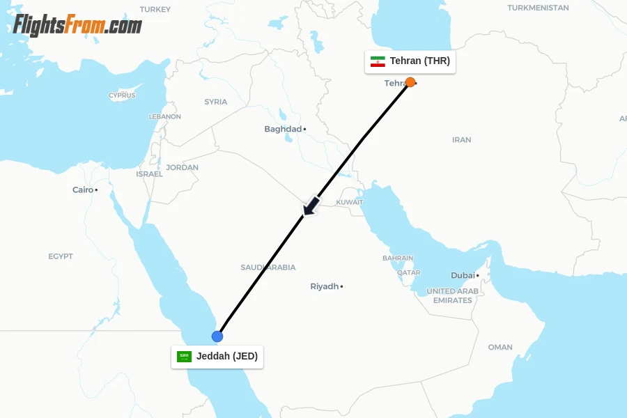 Flights from Tehran to Jeddah route map