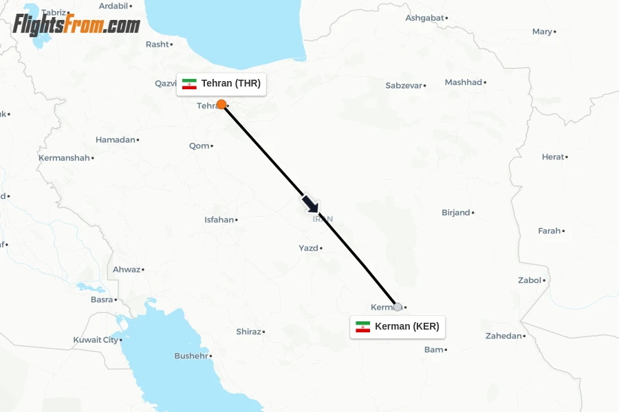 Flights from Tehran to Kerman route map