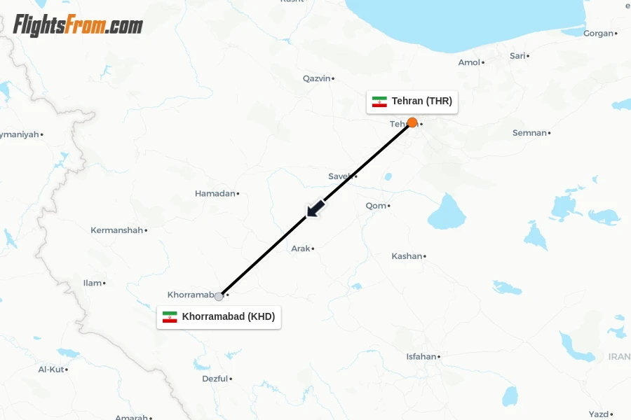 Flights from Tehran to Khorramabad route map
