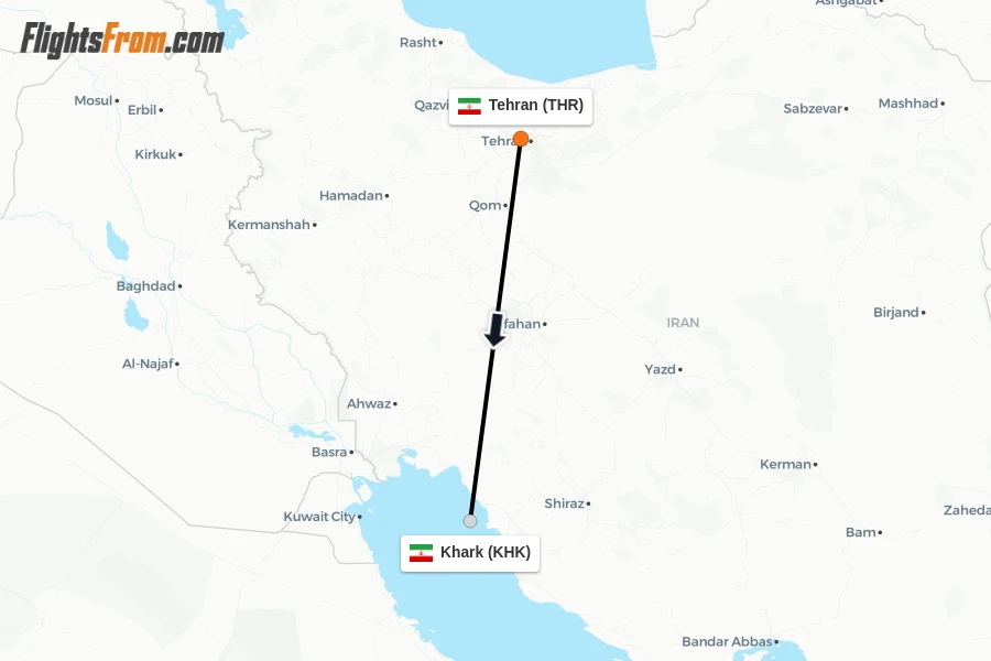 Flights from Tehran to Khark route map