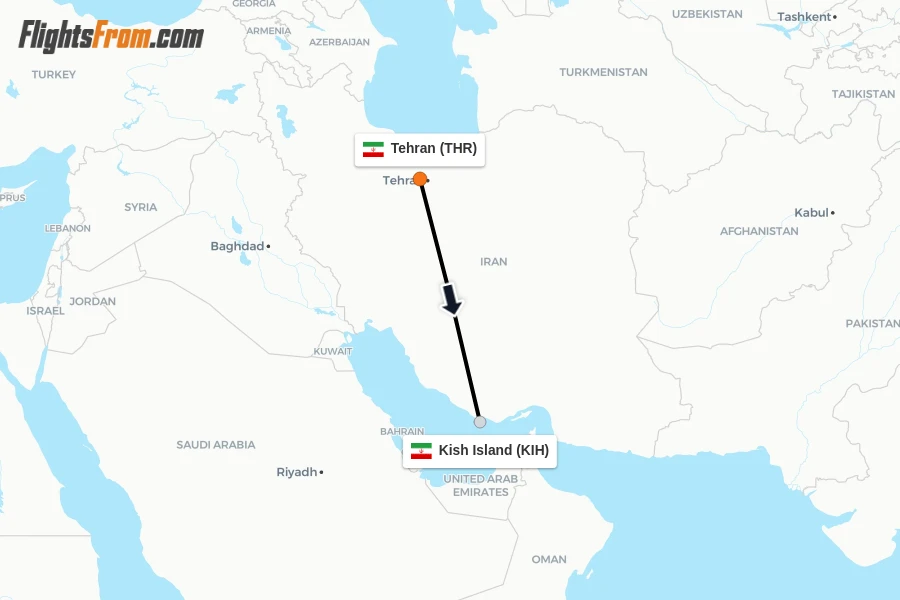 Flights from Tehran to Kish Island route map