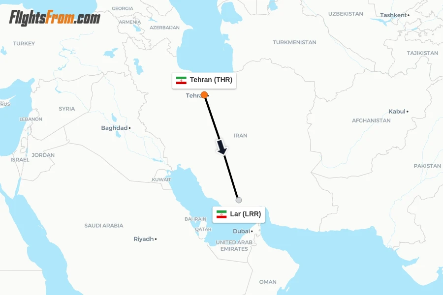 Flights from Tehran to Lar route map